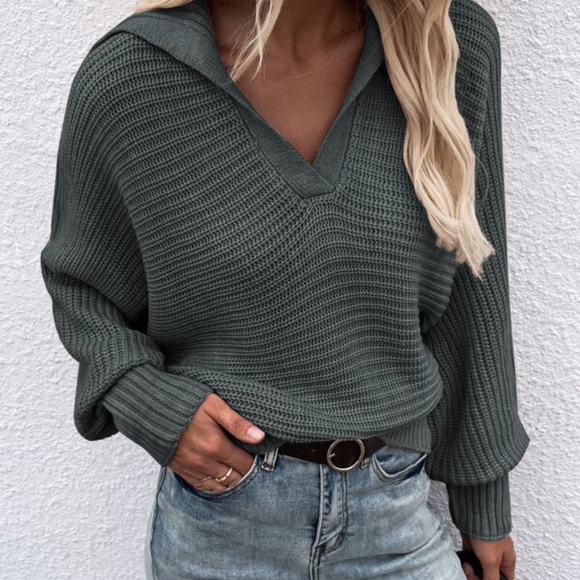 Charcoal Grey V neck Collar Knit Sweater Top Minimalist y2k - Picture 6 of 15